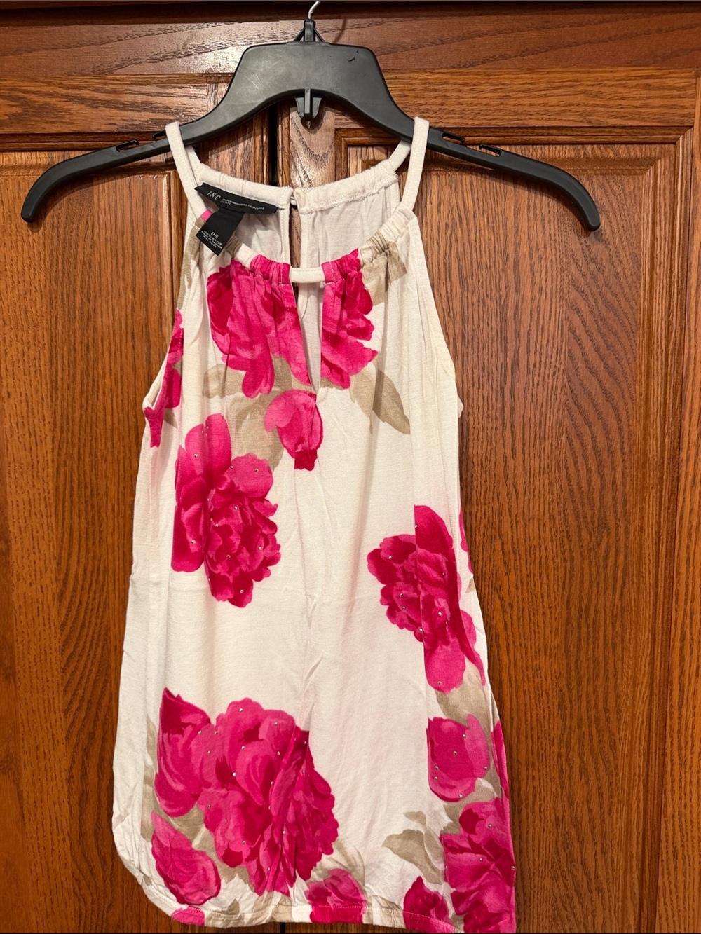 INC International Concepts Cream Halter Tank with Bright Pink Floral Print